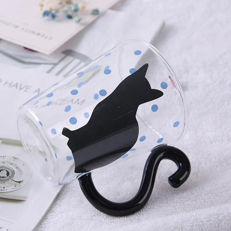1PCS Cute Cat Glass Juice Coffee Cup Milk Tea Coffee Glass Mug Cat Tail Handle Cat Valentine's Day Lover Gifts Stainless Spoon