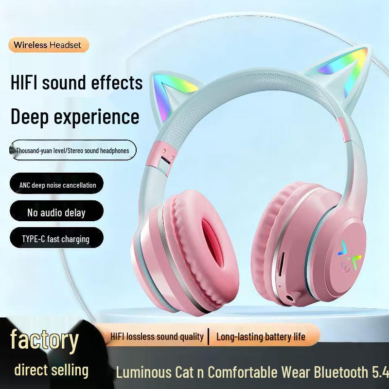 Cat Ear Luminous Foldable Bluetooth Headset with Long Battery Life for Gaming and Sports