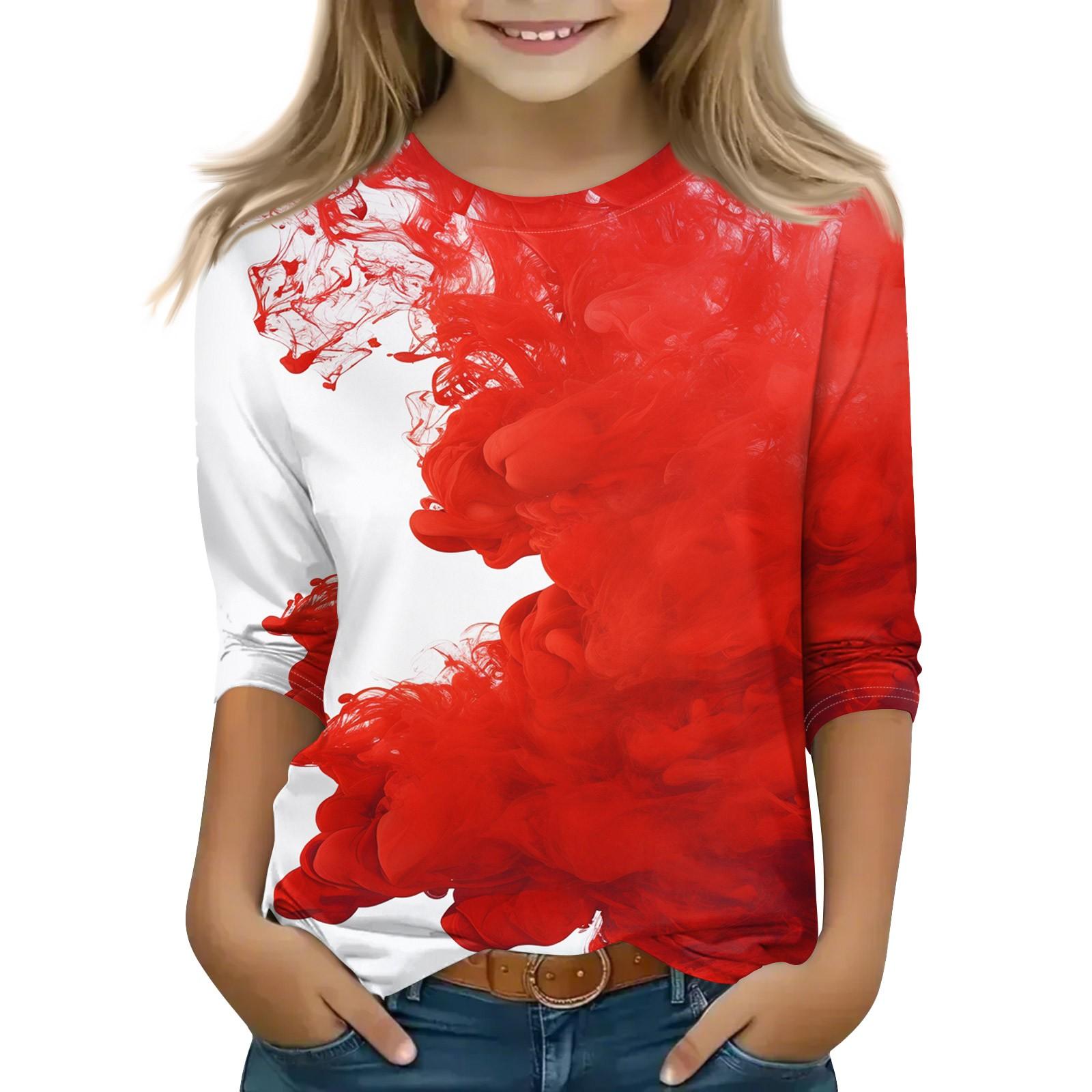 

Топы с принтом для девочек 5-16 лет с круглым вырезом и рукавами 3/4 Футболки Модные топы Наряды Футболки 160 арбуз красный