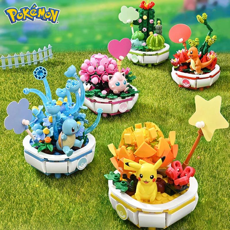 Latest Pokemon Construction Brick Pikachu Charmander Squirtle Model Toy Home Decoration Plant Potted Flower Block Girls Toy Child Present