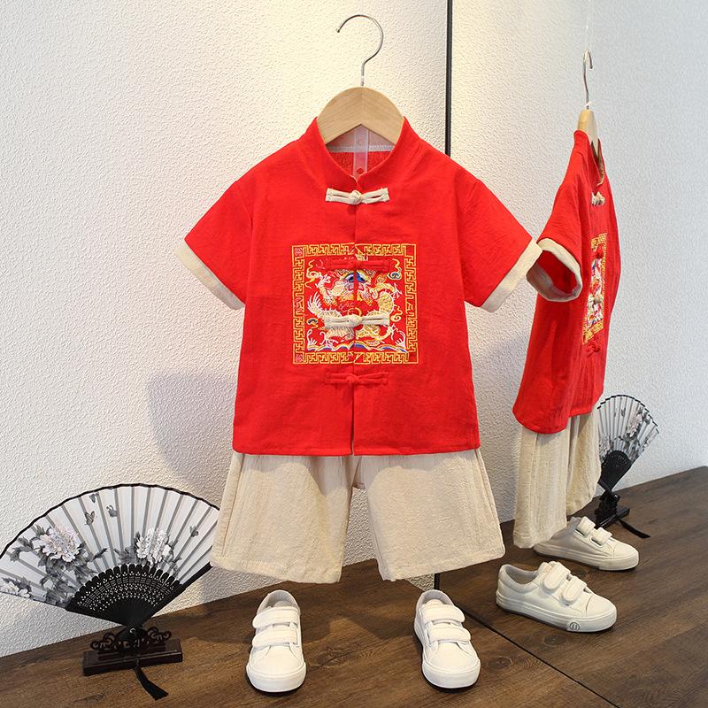 Children's Hanfu Tang suit summer short-sleeved suit boys and girls Chinese style dress handsome cotton and linen thin children's two-piece suit