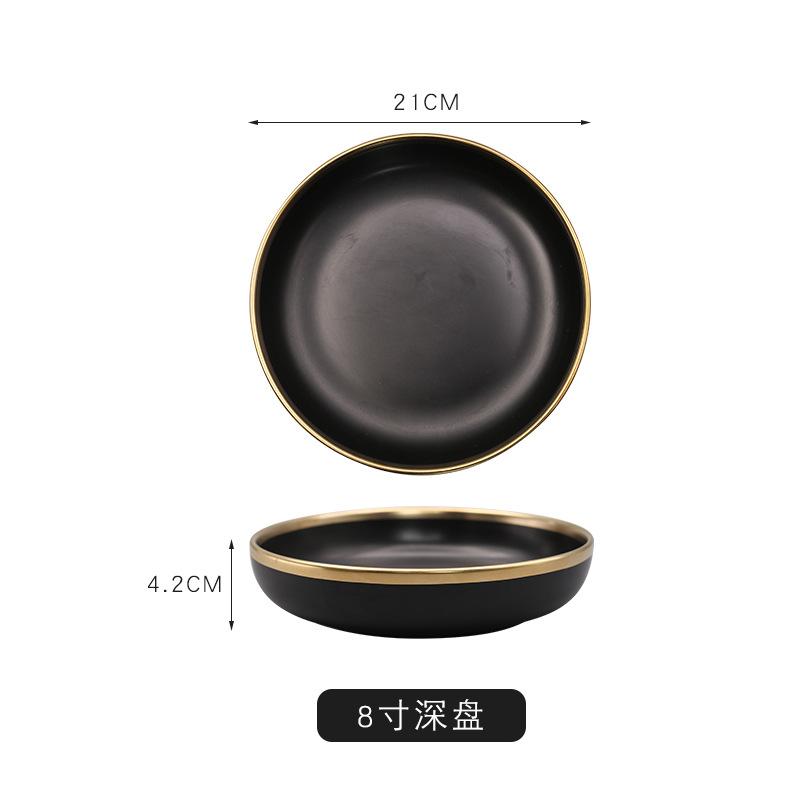 Matte Black Ceramic Dinnerware Set with Gold Trim 1PC Bowls Plates Soup Dishes Ins Style Tableware