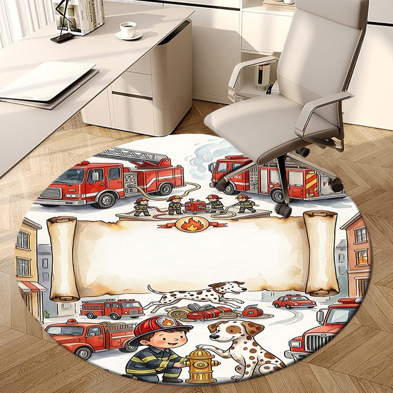 1PC Firefighter Dog Non-Slip Floor Round Carpet, Office, Family, Bedroom, Large Area Rug Indoor Rugs, Durable PolyesterH0343
