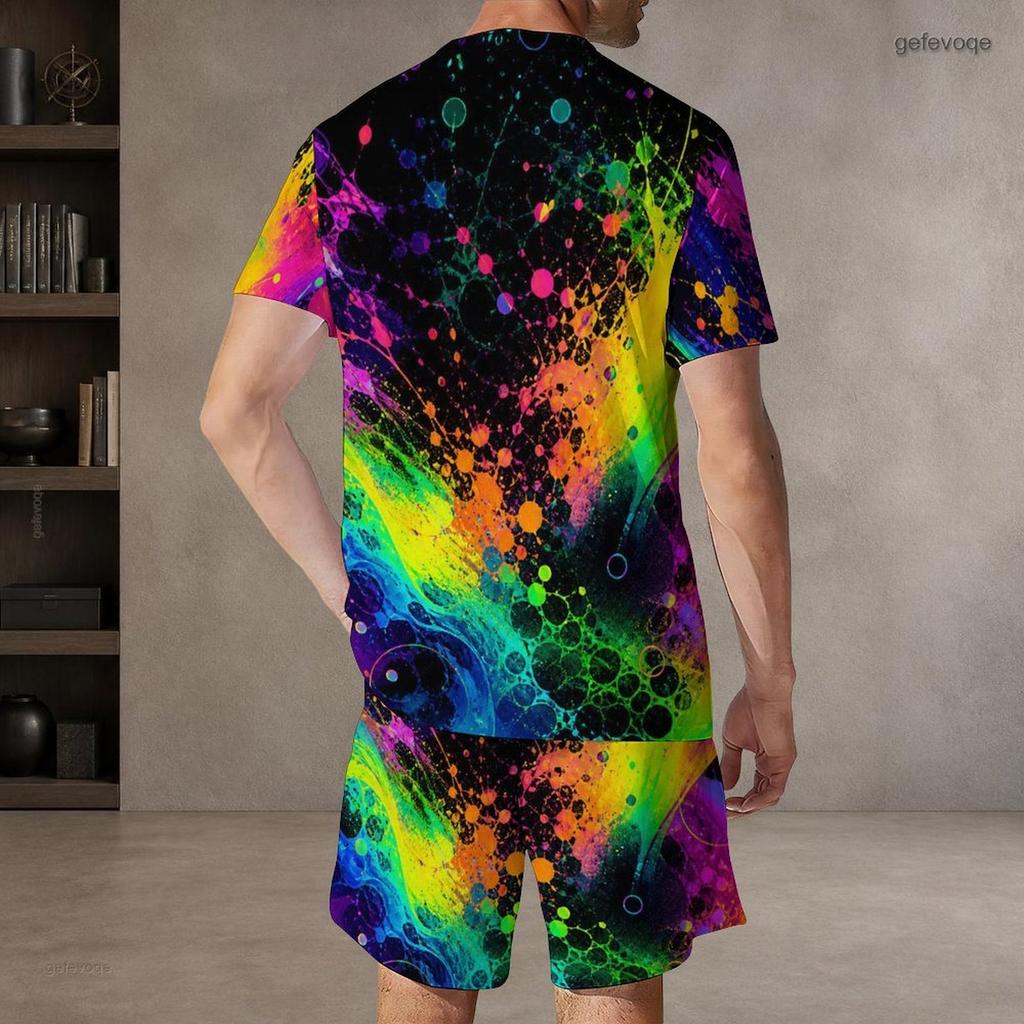 Men Plus Size Colorful Printed Round Neck Short Sleeve T Shirt Drawstring Pocket Shorts Two Piece Set