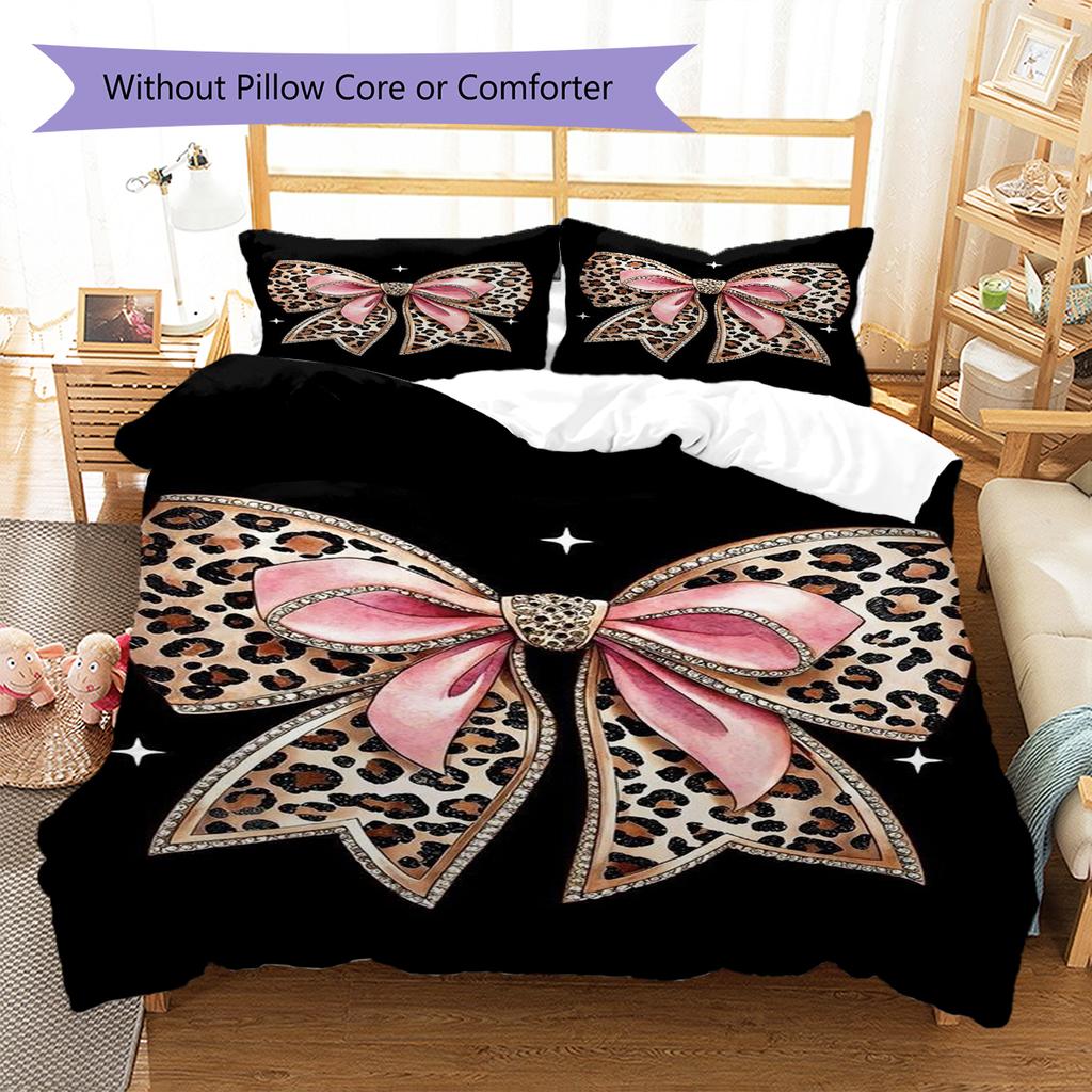 Leopard Bow Pattern Bedding Quilt Set Quilt Cover Pillowcase Home Decoration Gift (1 * duvet cover + 2 * pillowcase, without core)