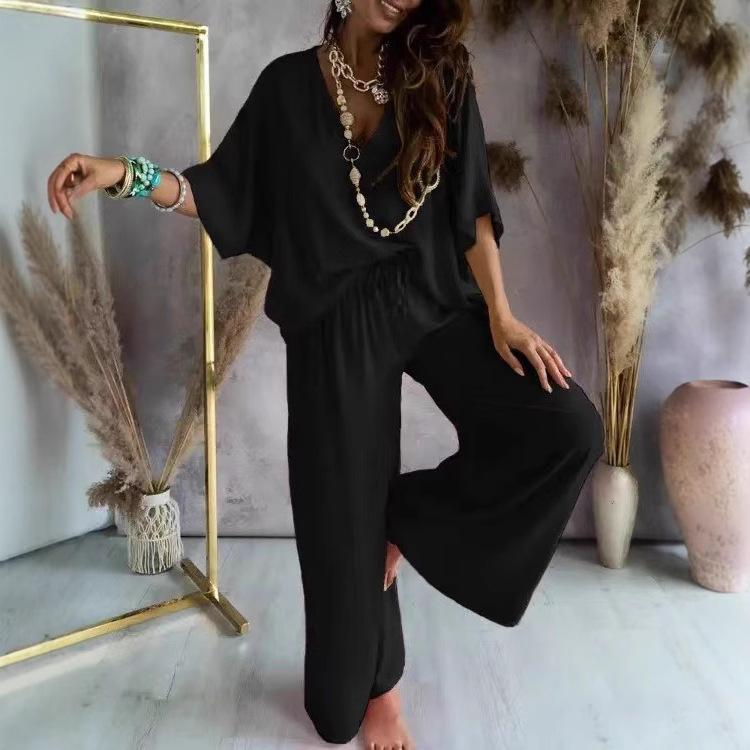 Summer White Two Piece Set for Women V Neck Bat Sleeve Top Casual Loose Lace Up Wide-leg Pants 2 Piece Suit Home Outfits Women's