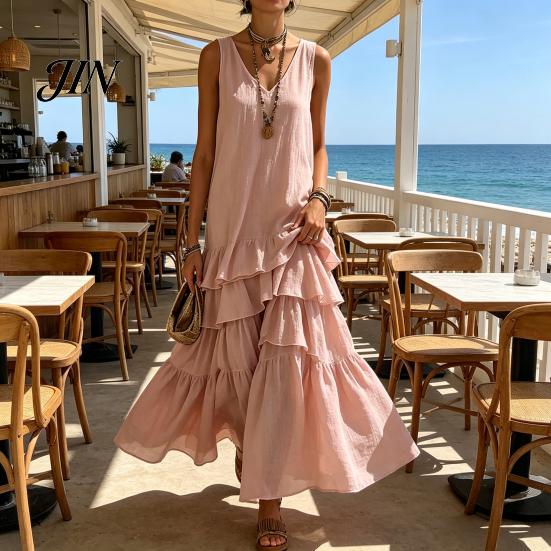 Casual Dress Women Women's Sleeveless Summer Long Tank Dress, V Neck Tiered Flowy Layered Skirt Ruffle Maxi Loose Beach Sundress Breathable