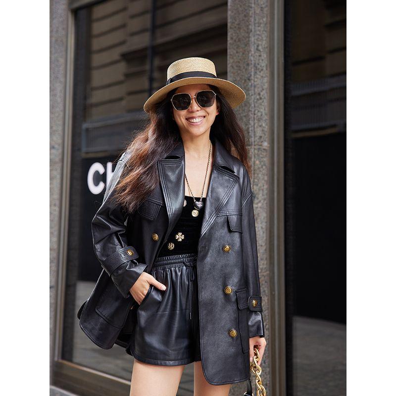 

Blacknini Yin Huafu/Classic Double Breasted Suit Lapel Collar Four-Bag Leather Coat Black L