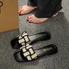 Woven One-word Cool Slippers Women's 2025 New Outer Wear Fashionable Flat Bottom Square Head Lazy Person Going Out Beach Temperament Niche