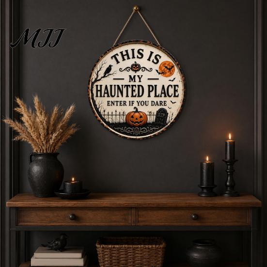 Halloween Party Decor Door Sign, This Is My Haunted Place Festival Outdoor Decorative Hanging Plaque, Metal Wall Art Plaque