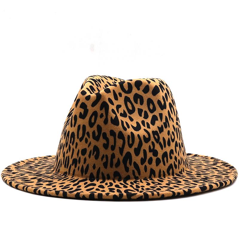 New Leopard Patchwork Wool Felt Jazz Fedora Hat Women Unisex Wide Brim Panama Party Trilby Cowboy Cap Men Gentleman Wedding Hat