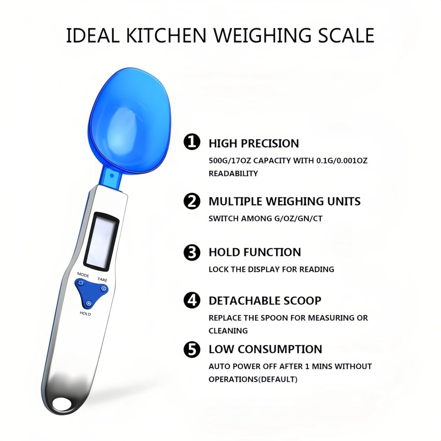 Yoidesu Digital Kitchen Scale, Electronic Gram Measuring Spoon, 500g/0.1g Blue Cute Digital Weight Scale Spoon with 3 Measuring Spoons for Portioning