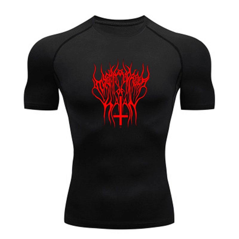 Men's Quick Dry Compression Fitness T-shirt, Satanic Red Thorn Print Inverted Cross Casual Athletic Tee for Gym Workout Running Training Wear