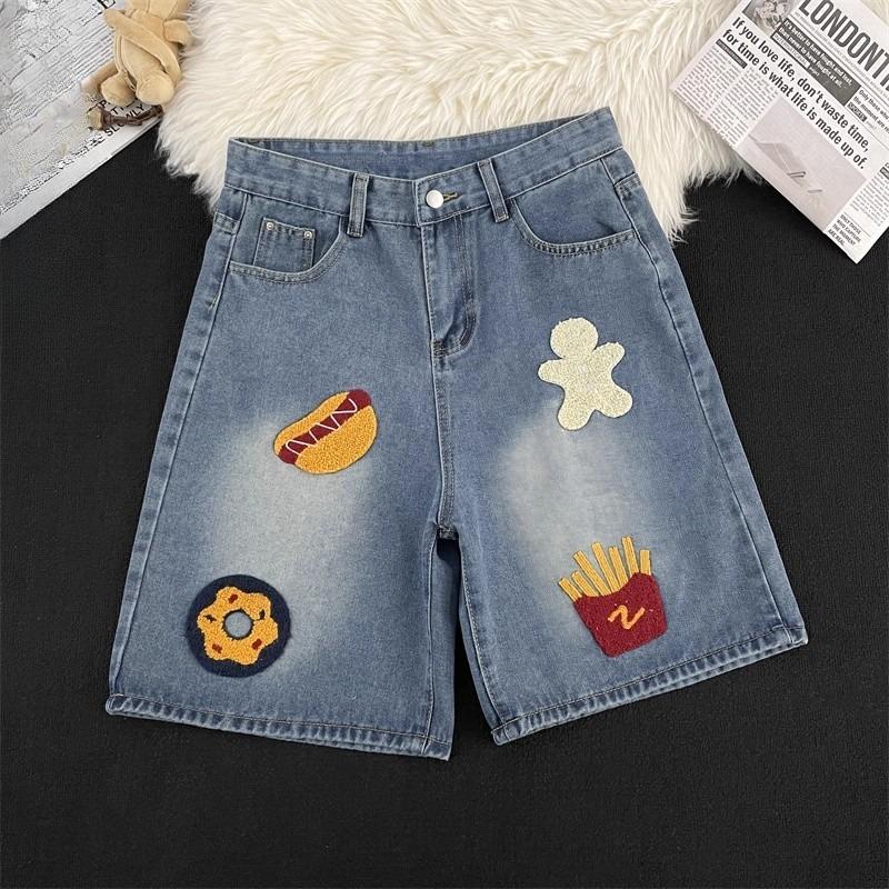 Blue washed niche denim shorts women s summer retro loose casual embroidered straight five-point pants Stylish Playful Embroidered Shorts S синий