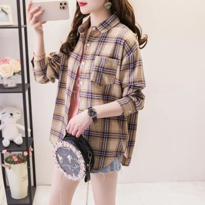 Autumn Plaid Shirts Womens Blouses Thin and Versatile Casual Student Plus Size Outerwear Shirt