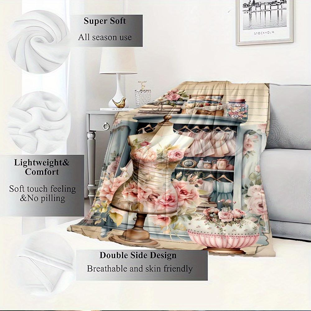 For Mannequin,Floral Dress,Vintage Closet-Themed Flannel Blanket, Glam Style, Digital Print, All-Season Comfort, Tear-Resistant, Knitted Cra