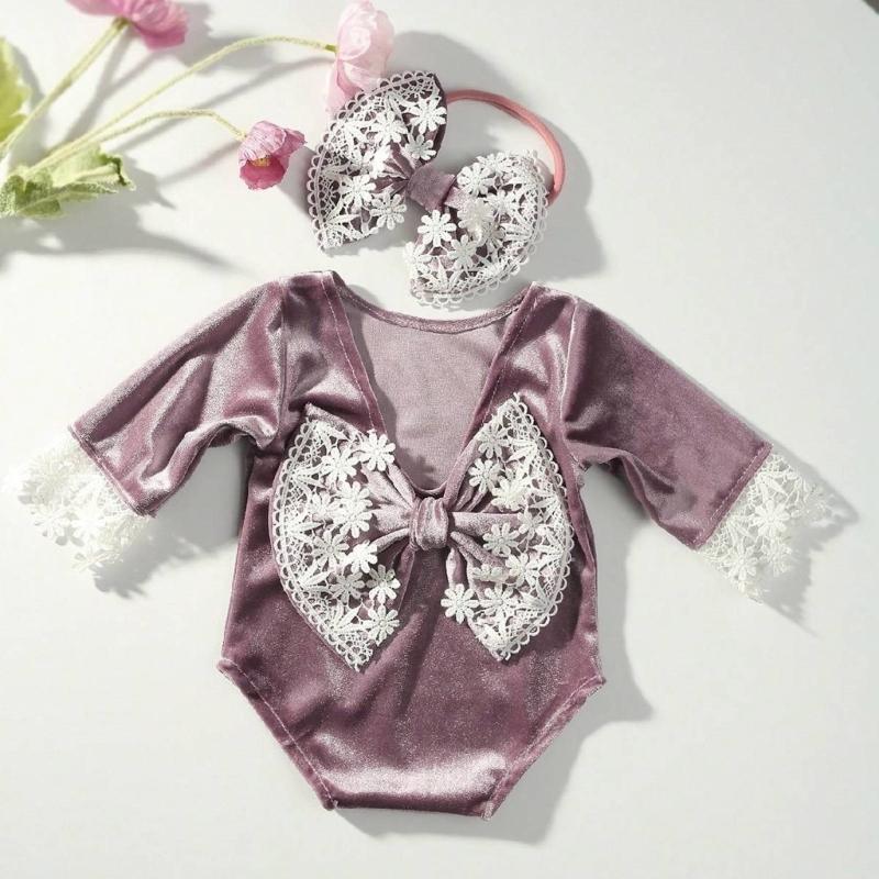 Infant Bowknot Romper and Hairband Photo Clothing Set Photoshooting Props Newborn Shower Gifts Baby Photography Outfit