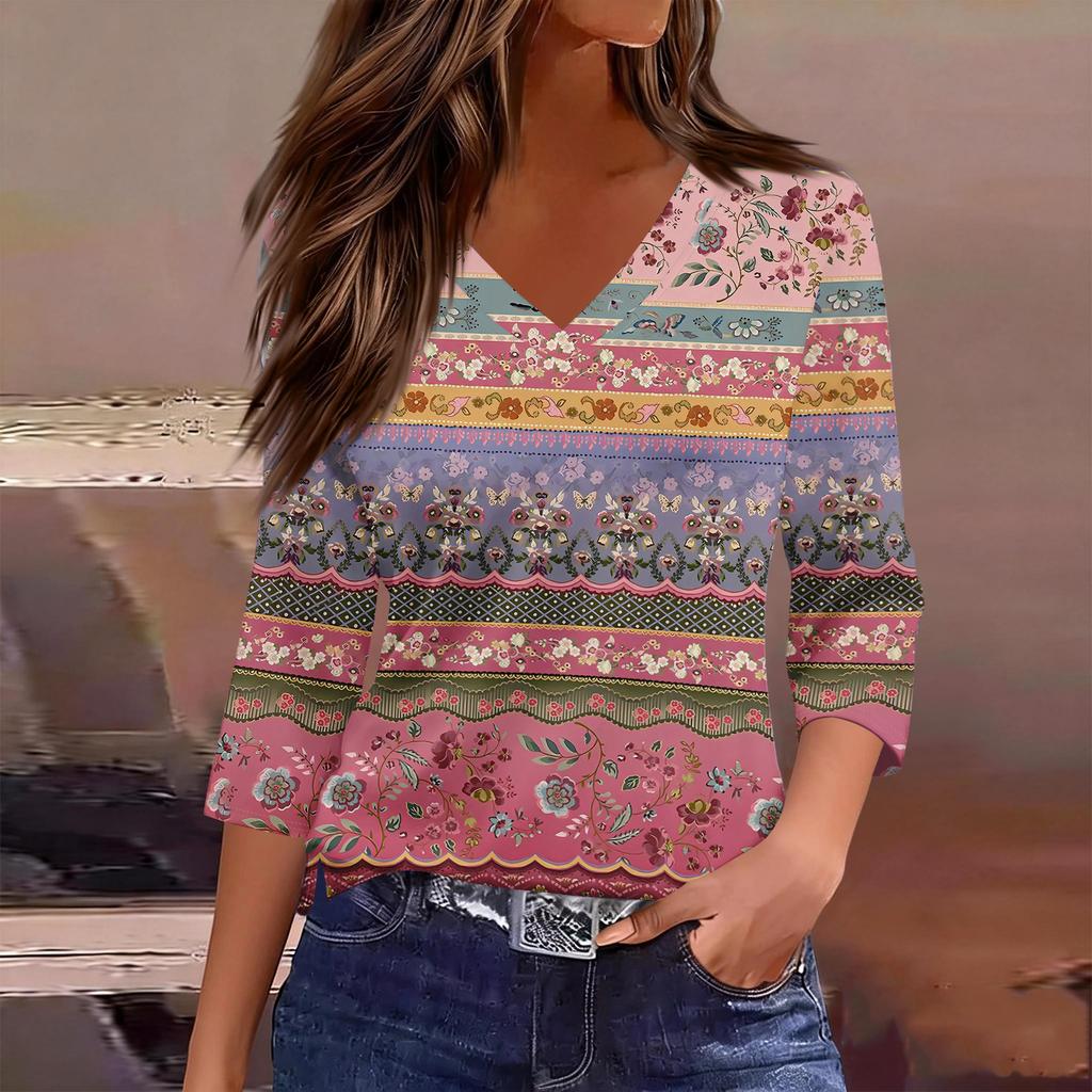 Womens Spring Tops V Neck 34 Sleeve Lightweight Summer Shirts for Women Casual Printed Blouse Womens Summer T Shirts Dressy Tops for Women