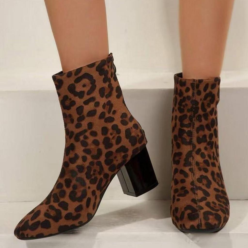 Móda Podzimní Leopard SemišDámské Kotníkové Boty Silné Podpatky Špičaté Boty Moderní Krátké Boty Pro Ženy