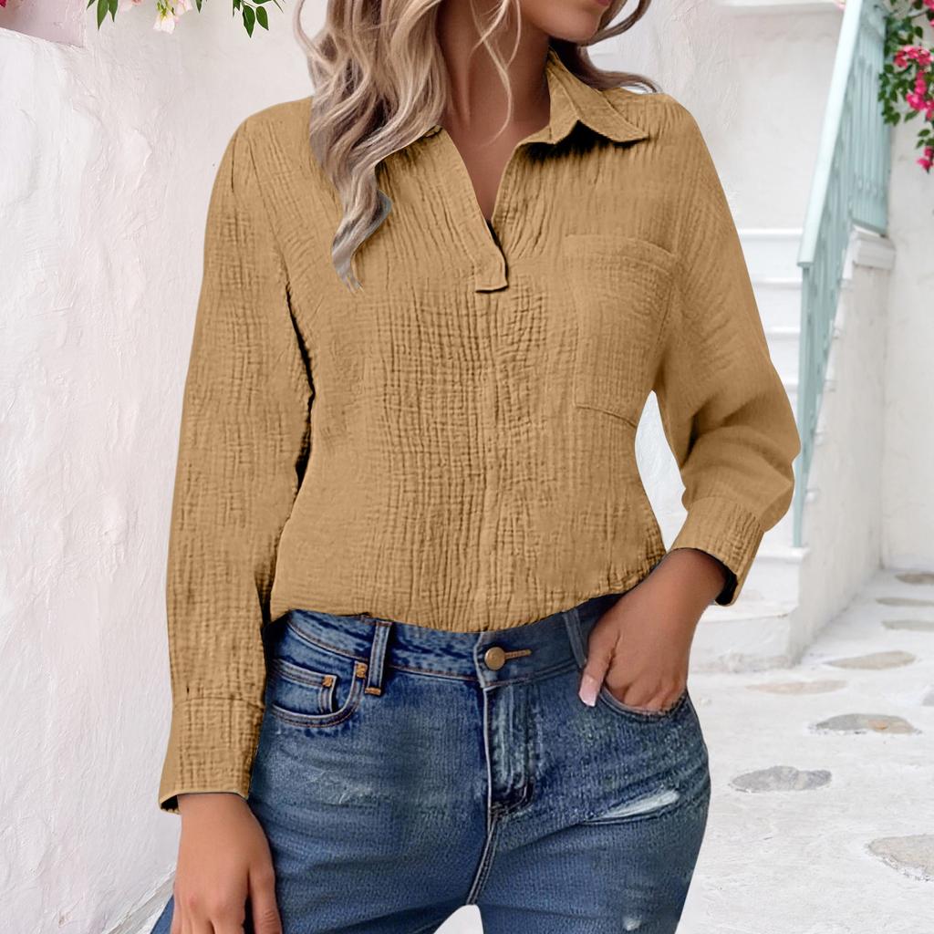 Womens V Neck Shirts Long Sleeve Casual Collared Shirt Loose Blouses Solid Color Tops With Pocket
