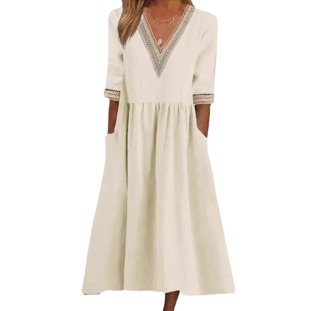 European & American Plus Size Women's Loose Cotton Linen Floral Lace V-Neck Mid-Length Dress with Five-Point Sleeves