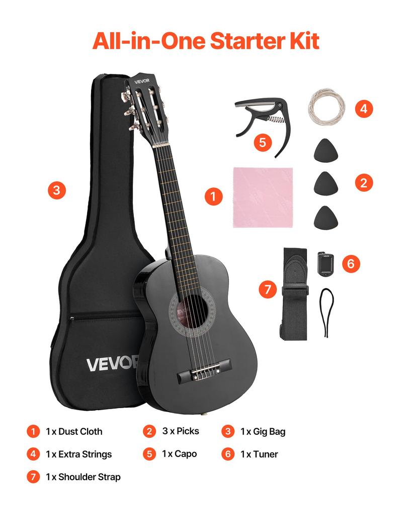 VEVOR Classical Guitar, 780 Mm, Wood Classical Guitar Starter Kit for Beginners, with Nylon Strings, Gig Bag, Strap, Tuner, Extra Strings, Picks