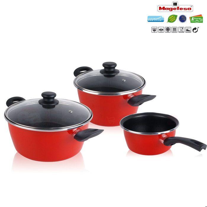 Batterie De Cuisine 5 Pièces Jeu De 3 Poêles 18-20-24 Cm Induction Antiadhésives Magefesa GRANA Rouge 91512