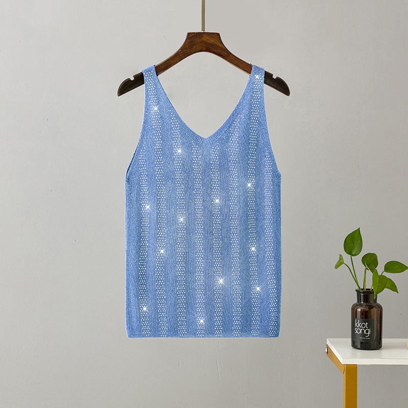 

Женская летняя вязаная майка из ледяного шелка с яркой нитью и V-образным вырезом, облегающая майка OneSize небесно-голубой