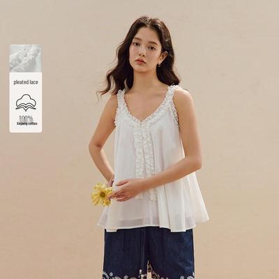 INMAN Women's Pleated Lace Sleeveless Cotton Blouse