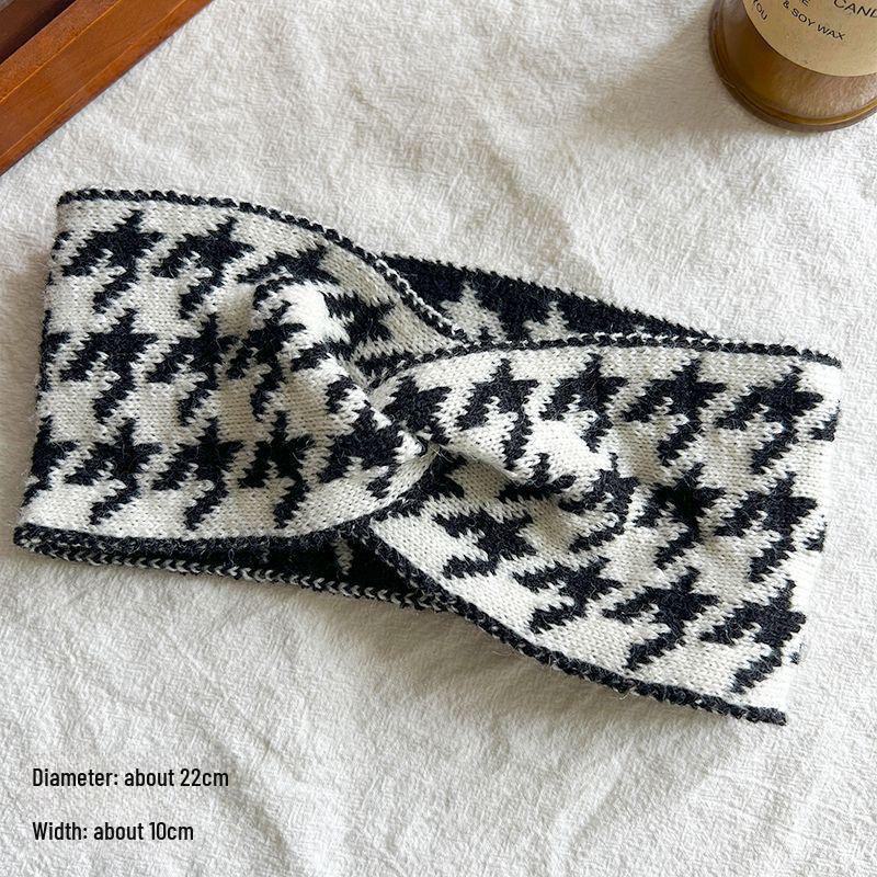 

Женская шерстяная повязка на голову с узором «гусиная лапка» — широкополый головной убор на осень/зиму белый