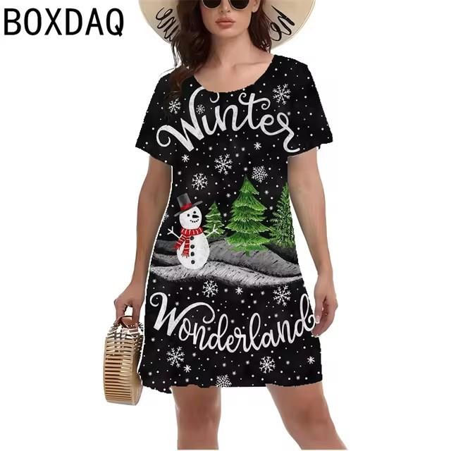 Women's Christmas Clothing 3D Digital Printing Christmas Tree Snowman Short-sleeved O-shaped Casual Dress