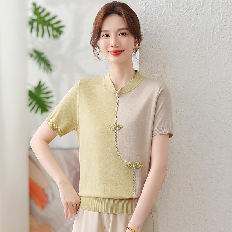 

2026 Chinese Style Ice Silk Short-Sleeve T-Shirt for Moms - Stylish Summer Blouse for Middle-Aged and Elderly Women 2XL (recommended for 110-120 jin) зелений