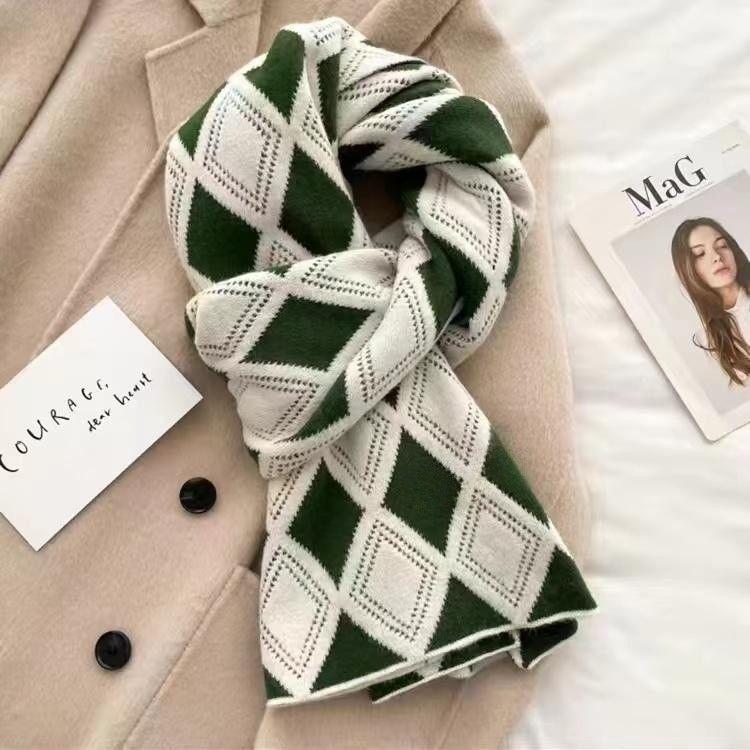 Winter Korean Style Versatile Warm Scarf Women's Knitted Thickened Diamond Plaid Retro Lazy Style Neck Warmer
