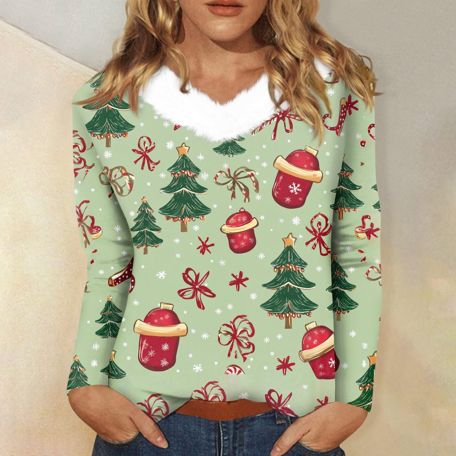 

Женский свободный повседневный топ с длинными рукавами и рождественским принтом, плюшевый воротник, V-образный вырез, топ с длинными рукавами L