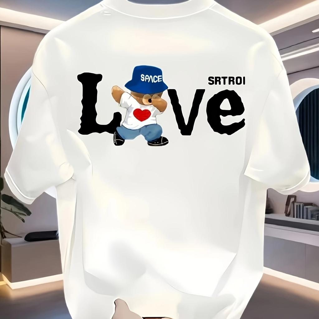Men's Summer 100% Cotton LOVE Bear Pattern Printed Fashion Sports and Leisure Loose Round Neck Short Sleeve T-shirt Top