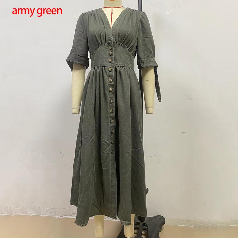 Fashion Sexy V-neck Denim Dress Women's Single Breasted Half Sleeved A-line Dress Solid Color Commute Minimalist Dresses Spring and Summer New