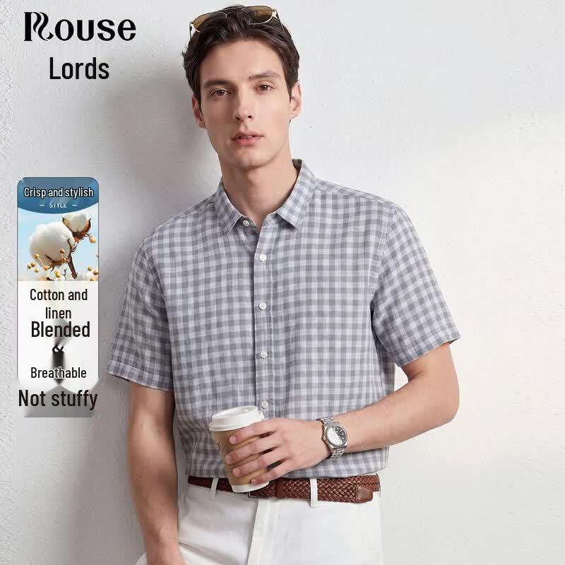 Men s Linen Blend Plaid Short-Sleeve Shirt 2XL