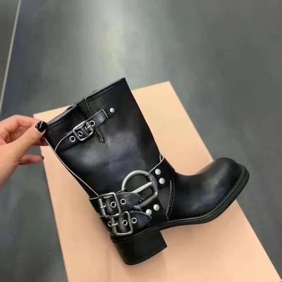 Autumn  Buckle Strap Platform Combat Leather Latch Ankle Boots for Women  Thicken Winter Motorcycle Boots D32
