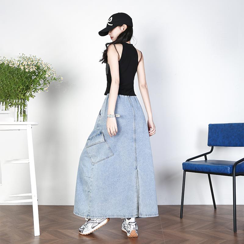 Dimanaf 2025 Plus Size Summer Elastic Denim Skirts Women A-Line Fashion Loose Long Skirt High Waist Vintage Maxi