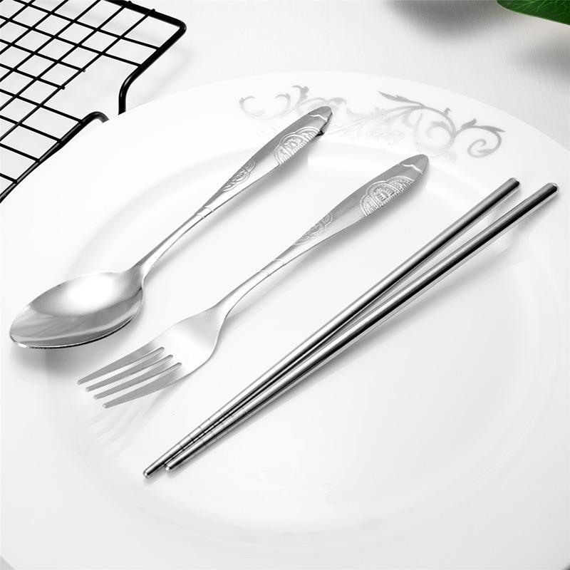 Stainless Steel Tableware Set Portable Tableware Three-piece Set Wheat Straw Box Fork Spoon Chopsticks Gift
