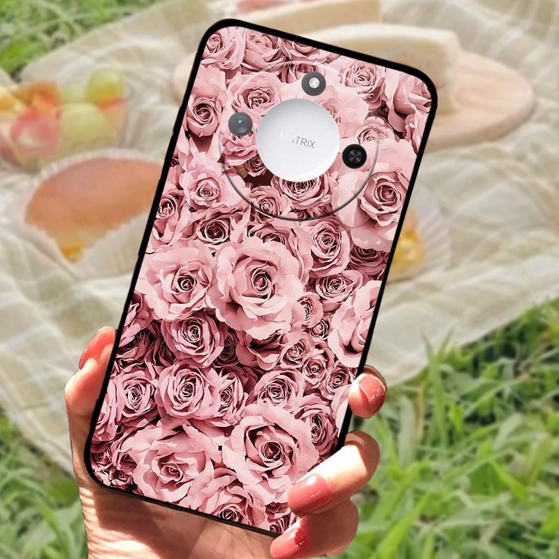 For Huawei Honor X60 Case Flowers Painted Cover Black Silicone Soft TPU Phone Case For Honor X60 Protective Shell Bumper