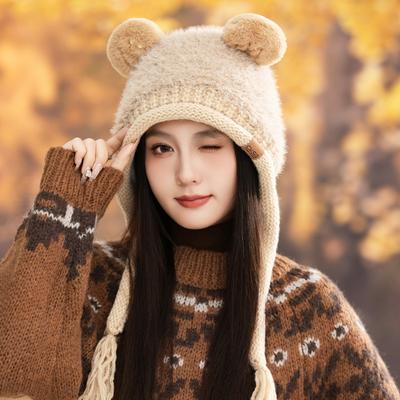 Cute Sequin Bear Ear Warm Plush Hat for Winter Outdoor Travel Versatile Plush Head Hat Fashionable Ear Protection Hat