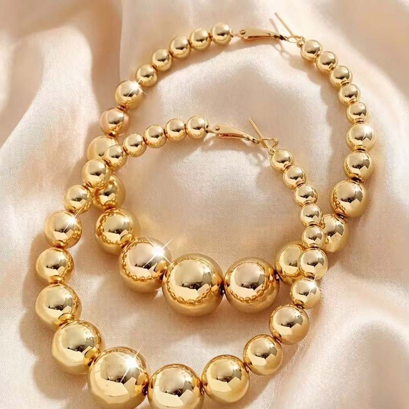 Exaggerated Metal CCB Round Ball Beads Hoop Earrings for Women Fashion Silver Color Large Circle Geometric Earrings Jewelry Gift