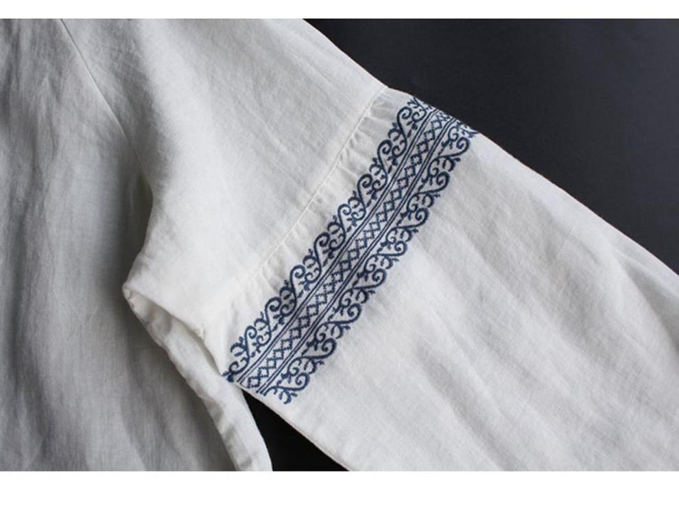Women's Plus Size Cotton & Linen Shirt - Spring/Summer 2025 Ethnic Style with Wheat Ear Embroidery, Long Sleeve, Loose Fit.