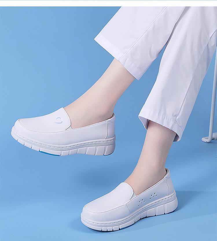 Women's Genuine Leather Breathable Non-Slip Nurse Shoes - Soft Sole, Hollow Design for Autumn