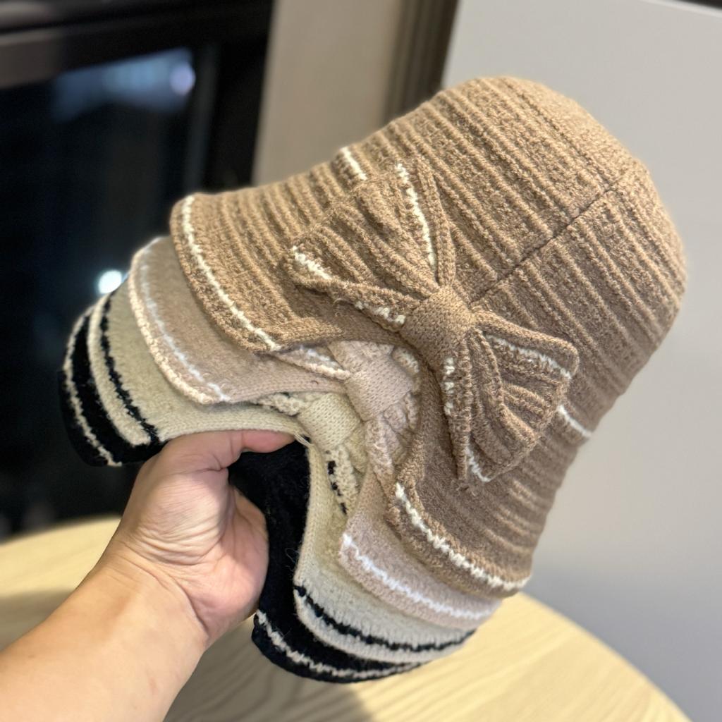 New Korean Style Knitted Bow Fisherman Hat for Women Versatile Face Showing Small Basin Hat Foldable Autumn and Winter Bucket Hat