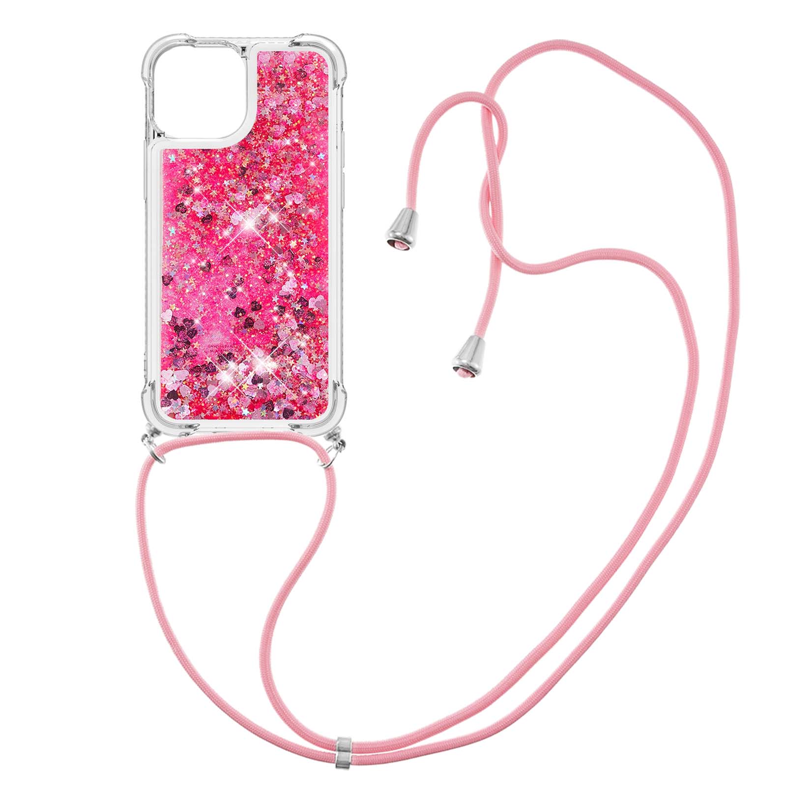 

For iPhone 15 TPU Case Quicksand Design Phone Cover with Lanyard Gold/Hearts