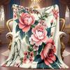 A 2D Pink Floral and Green Leaf Pattern Flannel Blanket, Featuring Soft High-definition Digital Printing, a Cooling Blanket Suitable for All Seasons! 