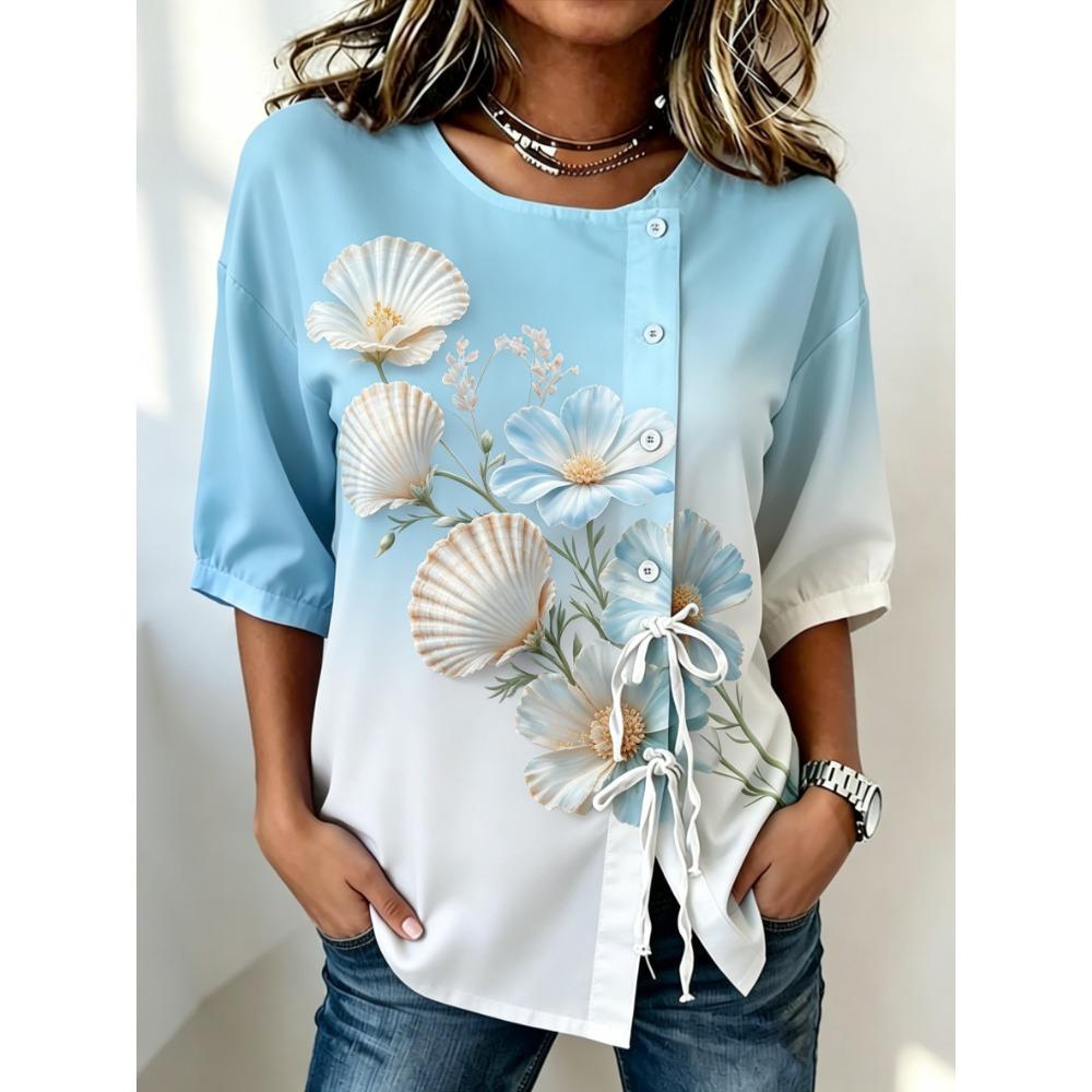Women's Ombre Floral Print Drawstring Button Up Blouse, Casual Round Neck Tops for Spring Summer Daily Vacation Wear