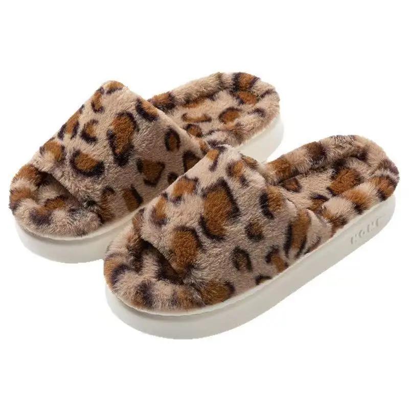 Fashion Couple's One Word Slippers Winter New Fashion Leopard Women Home Shoes Lightweight Comfortable Non Slip Men's Plush Shoes